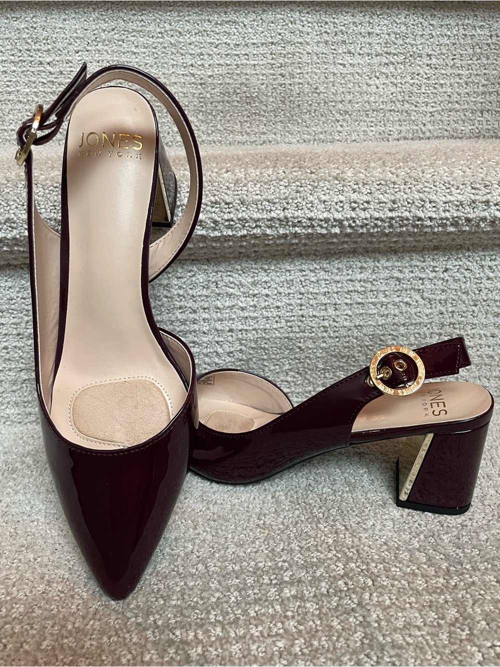 Jones New York Patent Burgundy Block Heel Slingback with Gold Buckle